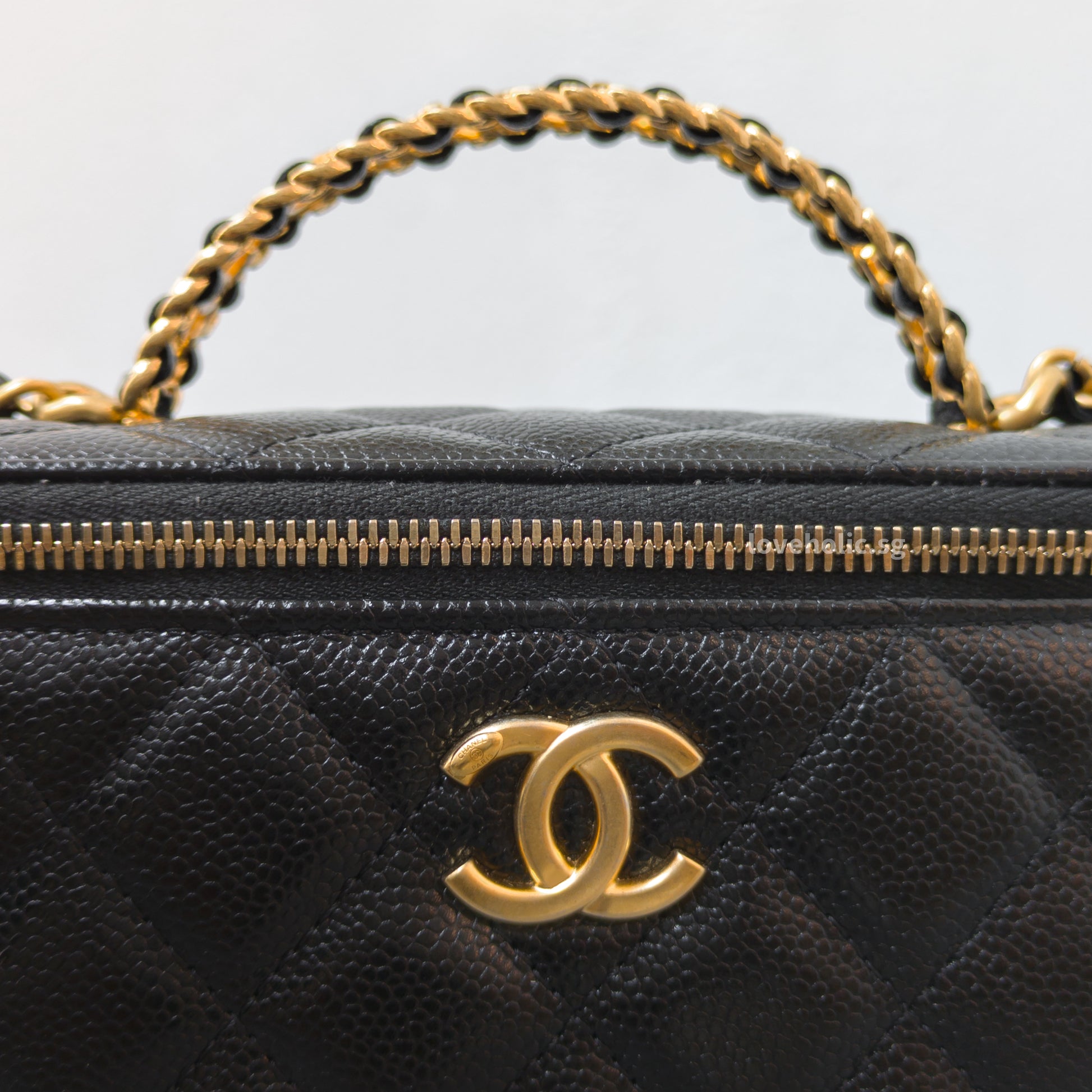 Chanel Top Handle Vanity On Chain 22S Black Caviar Brushed Gold Hardware-details