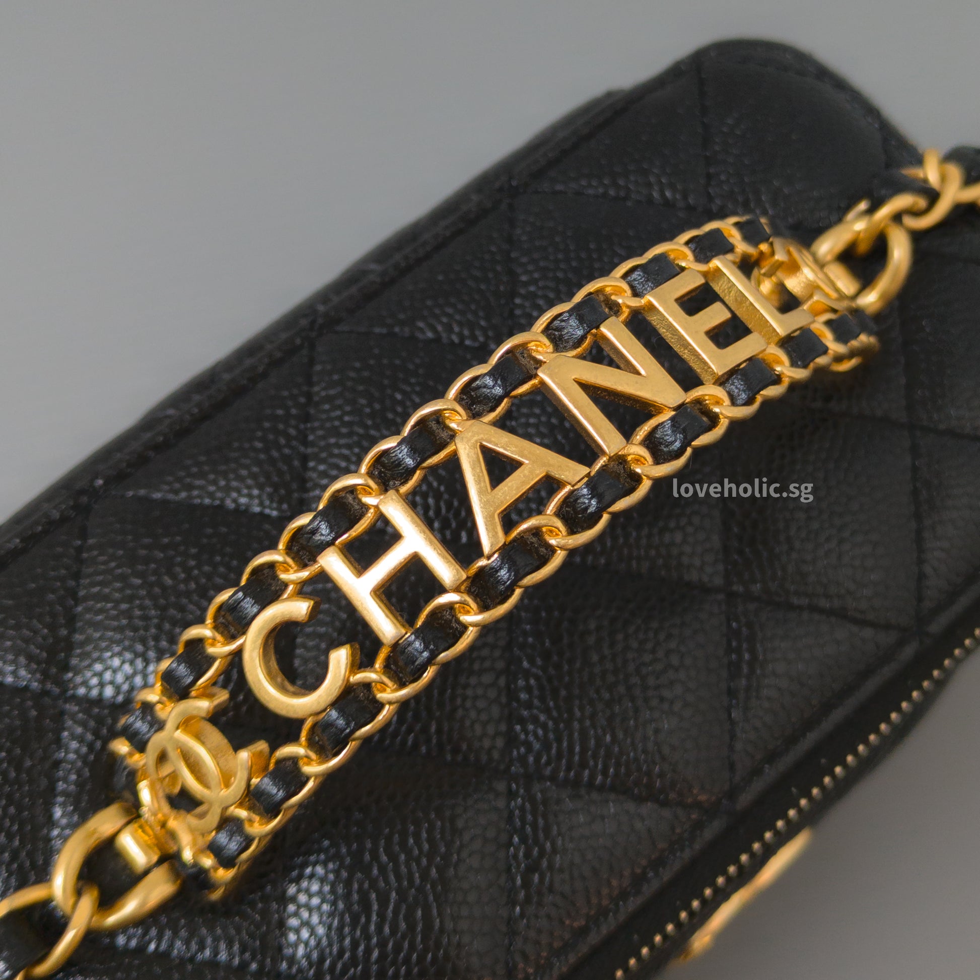Chanel Top Handle Vanity On Chain 22S Black Caviar Brushed Gold Hardware-details