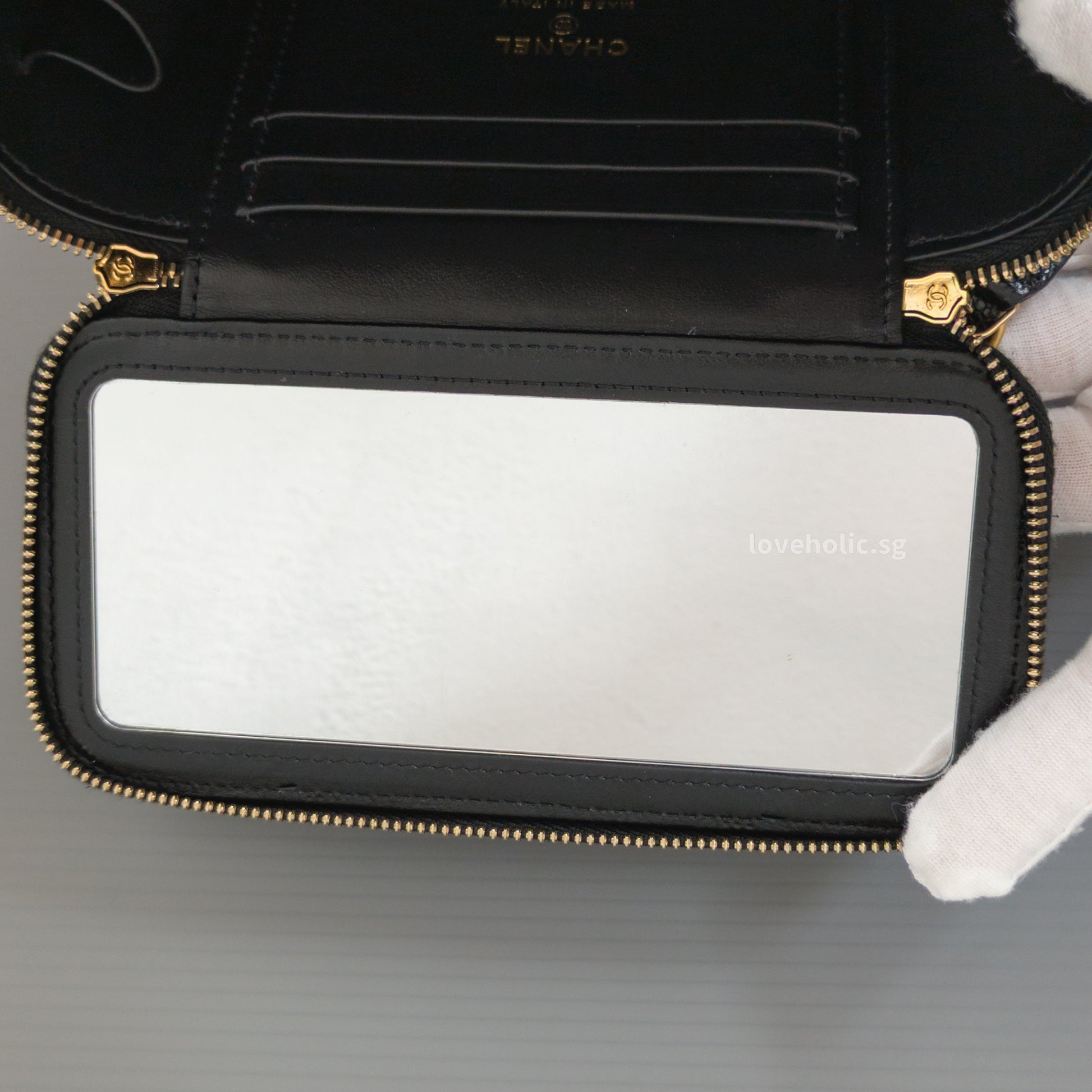 Chanel Top Handle Vanity On Chain 22S Black Caviar Brushed Gold Hardware-details