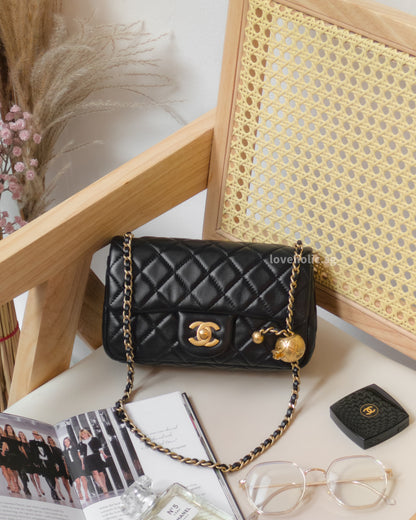 Pearl Crush Mini Rectangle Black Lambskin Brushed Gold Hardware