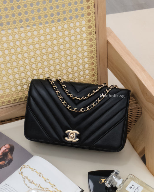 Chanel Statement Flap Bag Chevron Mini | Black Lambskin Light Gold Hardware-front
