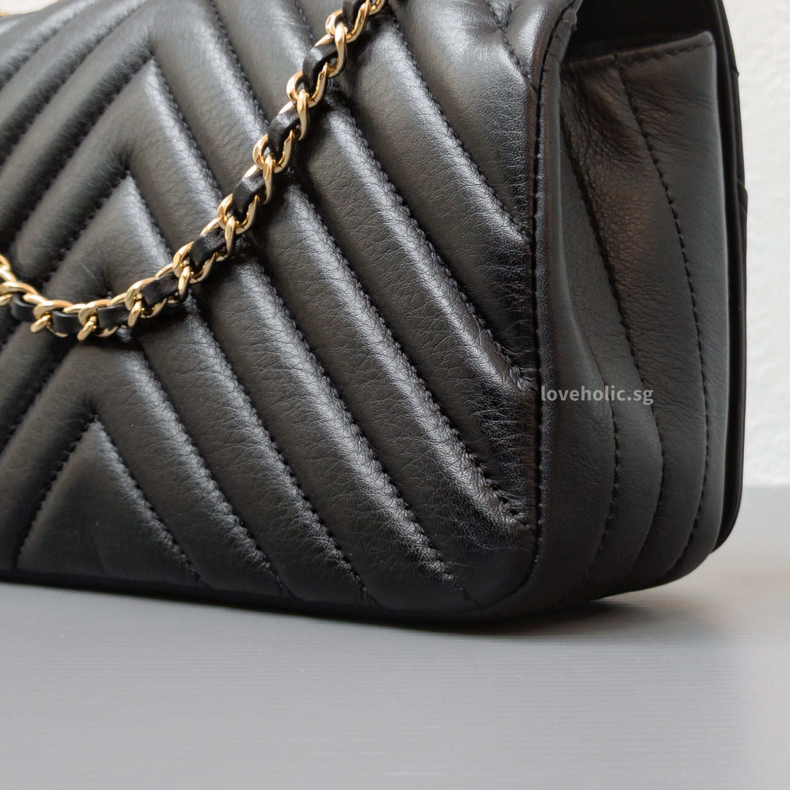 Chanel Statement Flap Bag Chevron Mini | Black Lambskin Light Gold Hardware-details