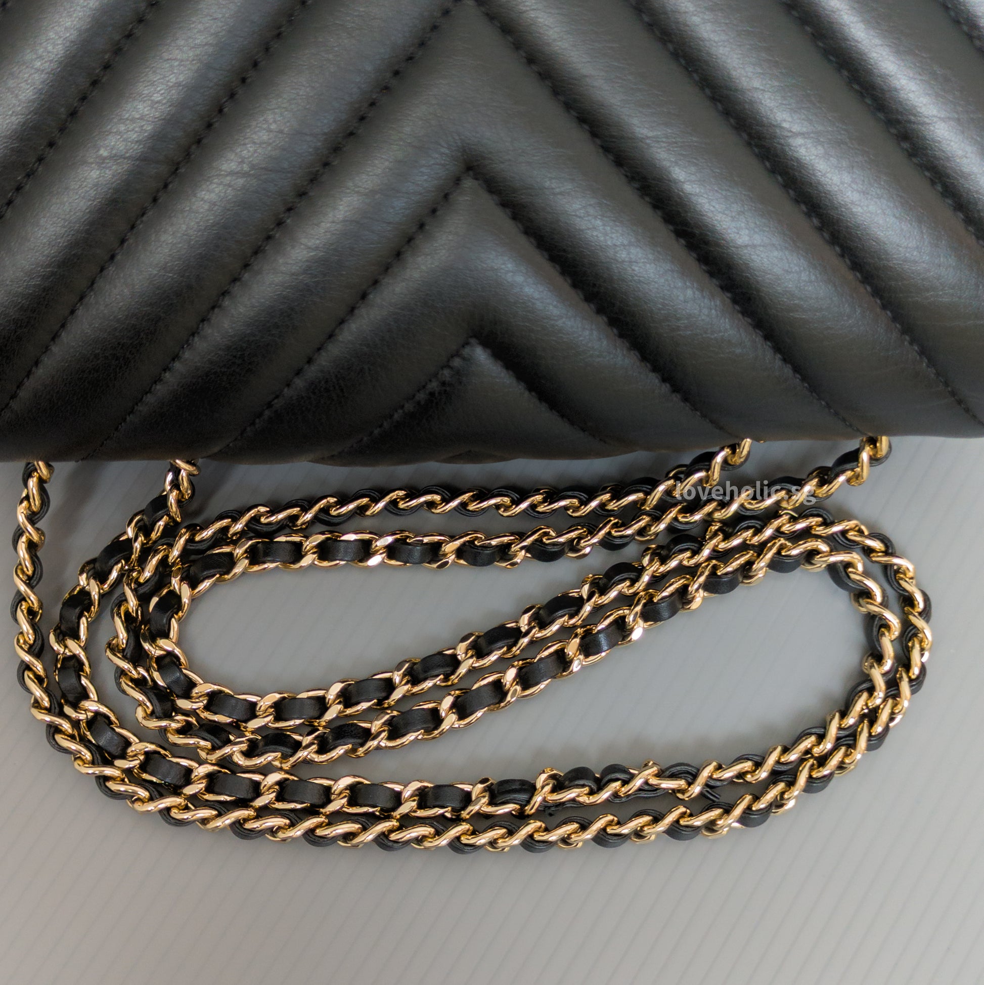Chanel Statement Flap Bag Chevron Mini | Black Lambskin Light Gold Hardware-details