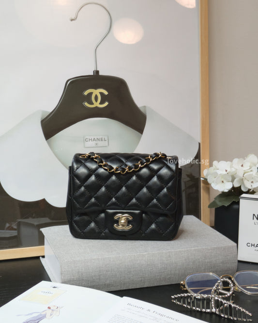 Chanel Classic Flap Mini square | Black Lambskin Light Gold Hardware-front