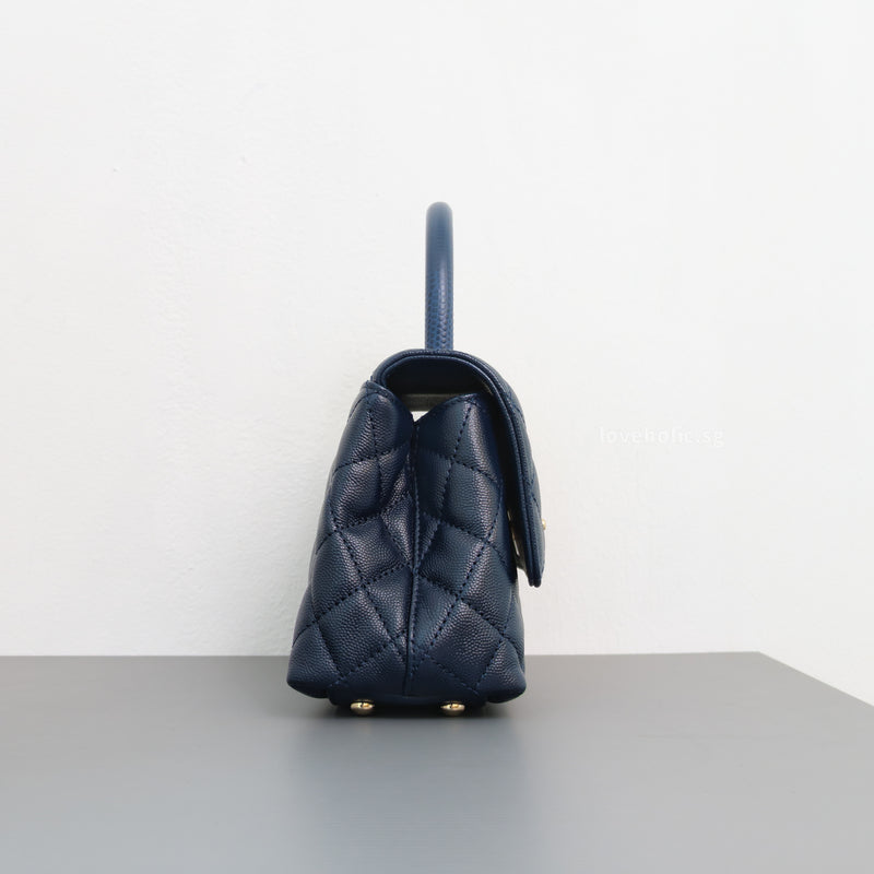 Chanel Coco Handle Small | 21B Navy Blue Caviar Light Gold Hardware-side