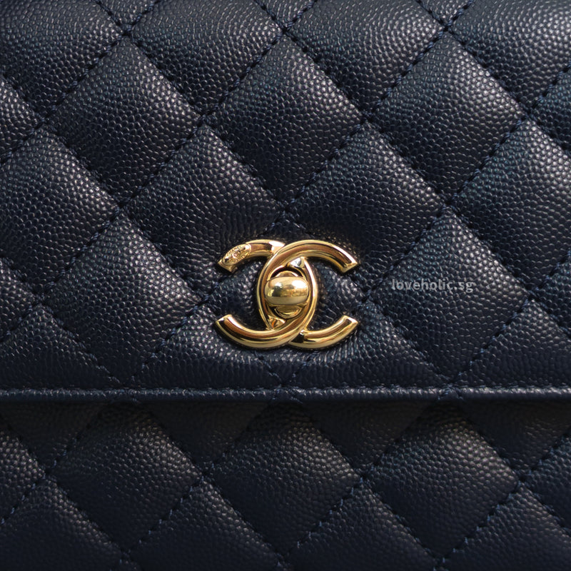 Chanel Coco Handle Small | 21B Navy Blue Caviar Light Gold Hardware-details