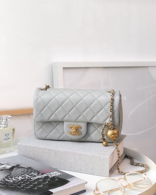 Pearl Crush Mini Rectangle 23C Light Grey Lambskin Gold Hardware
