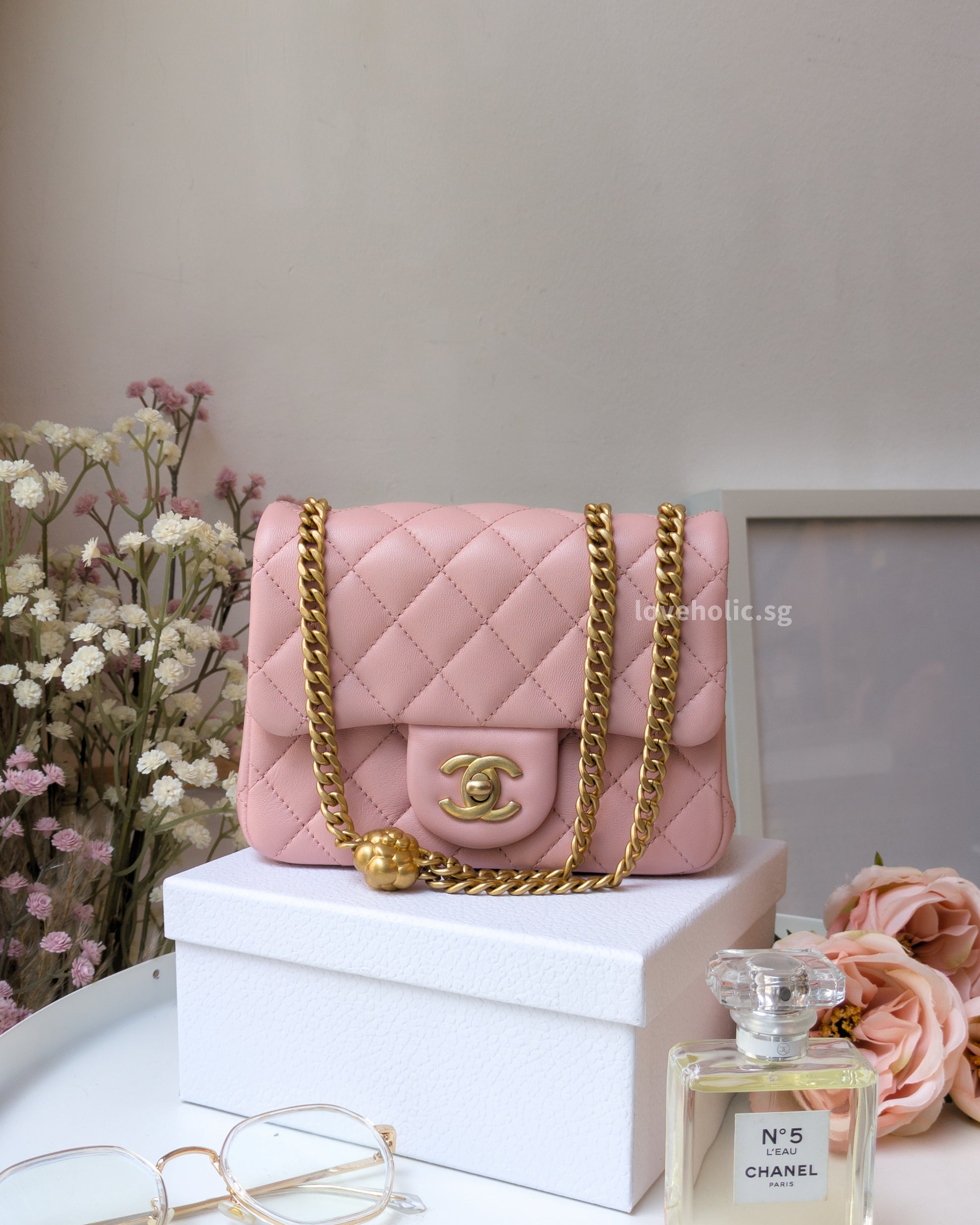 Chanel Camillia Crush Mini Square | 23P Light Pink  Calfskin Light Gold Hardware-front