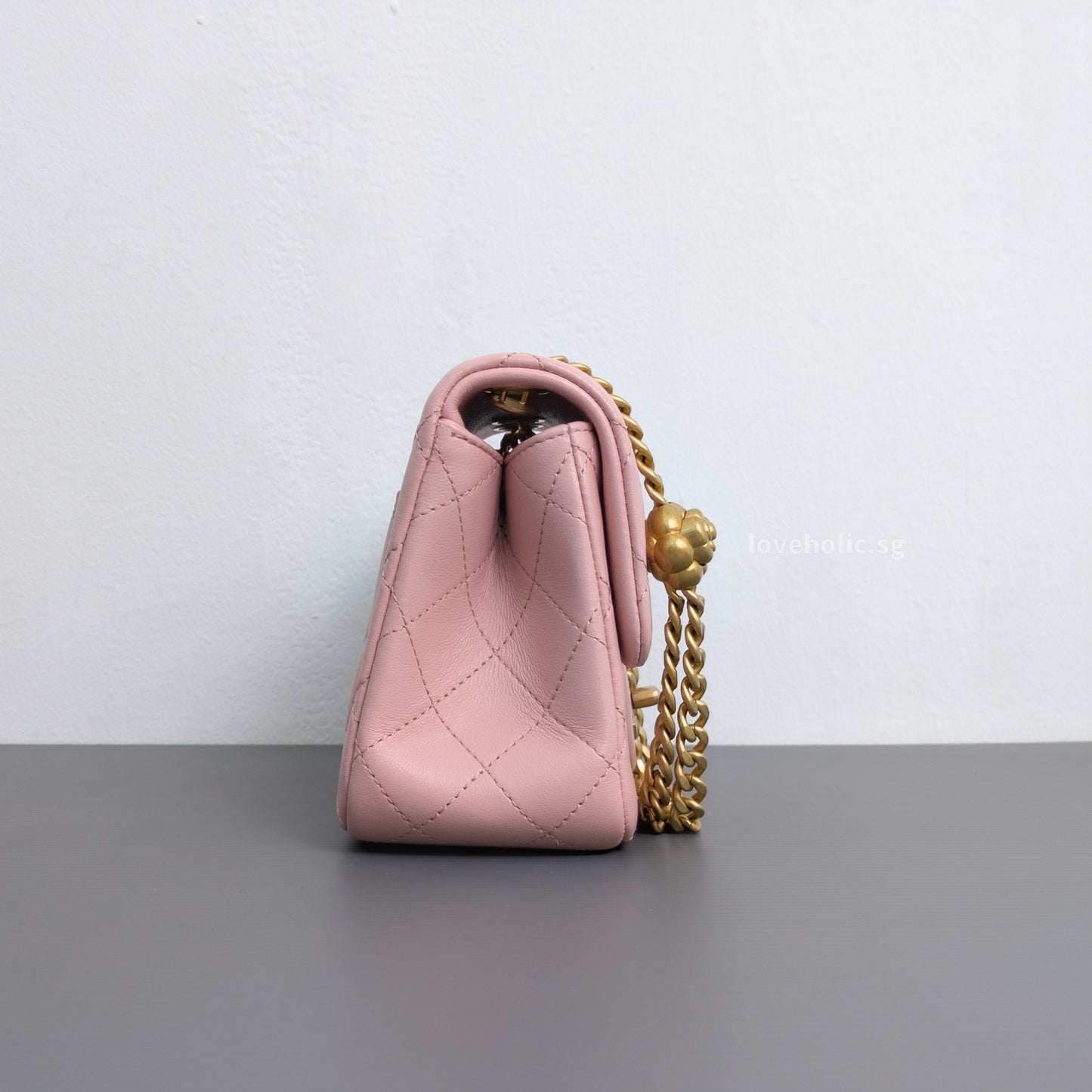 Chanel Camillia Crush Mini Square | 23P Light Pink  Calfskin Light Gold Hardware-details