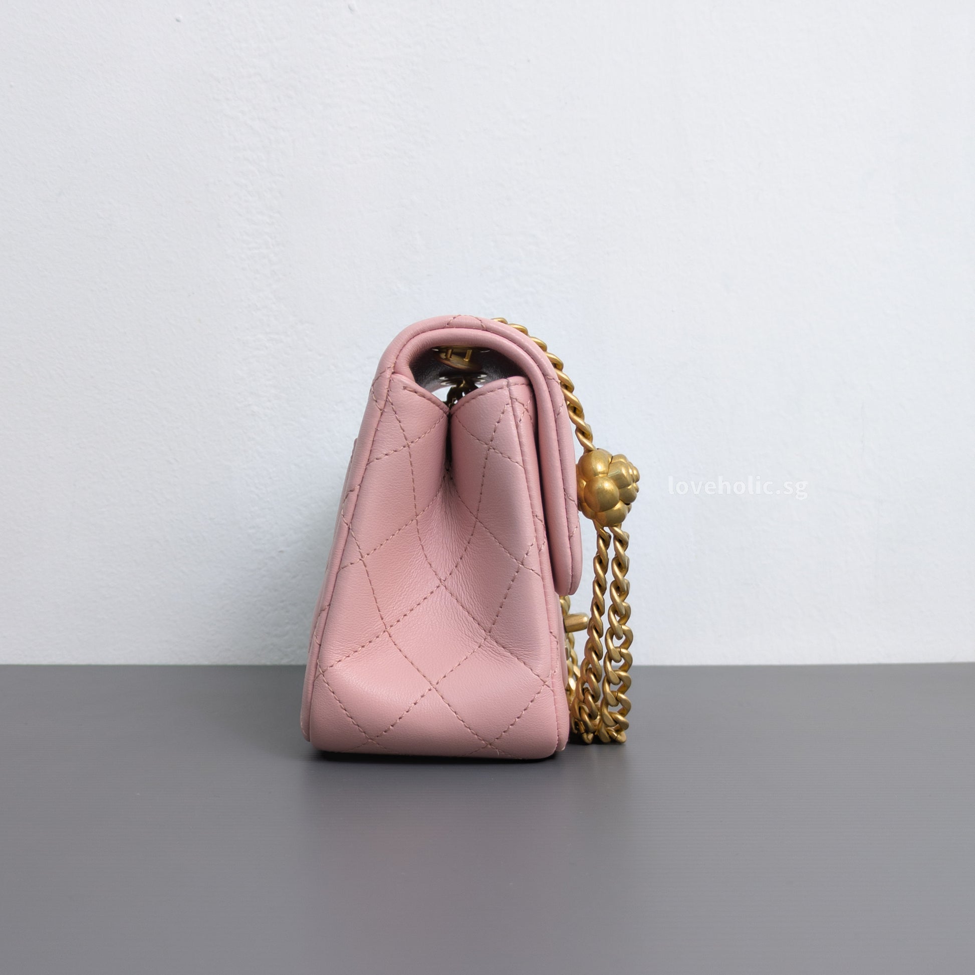 Chanel Camillia Crush Mini Square | 23P Light Pink  Calfskin Light Gold Hardware-details