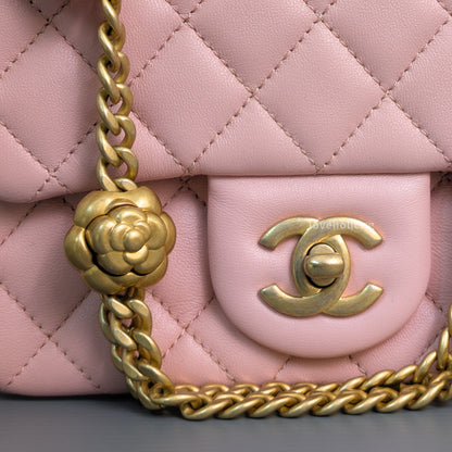 Chanel Camillia Crush Mini Square | 23P Light Pink  Calfskin Light Gold Hardware-details