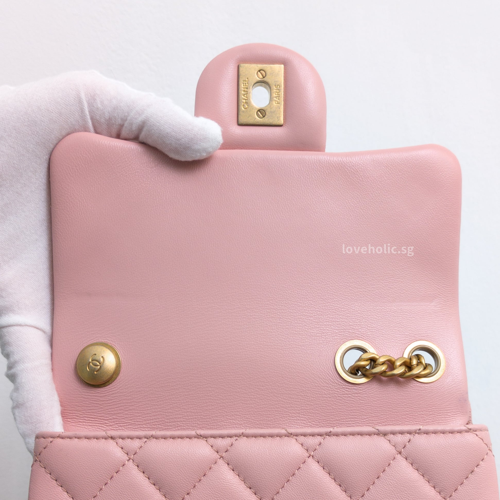 Chanel Camillia Crush Mini Square | 23P Light Pink  Calfskin Light Gold Hardware-details