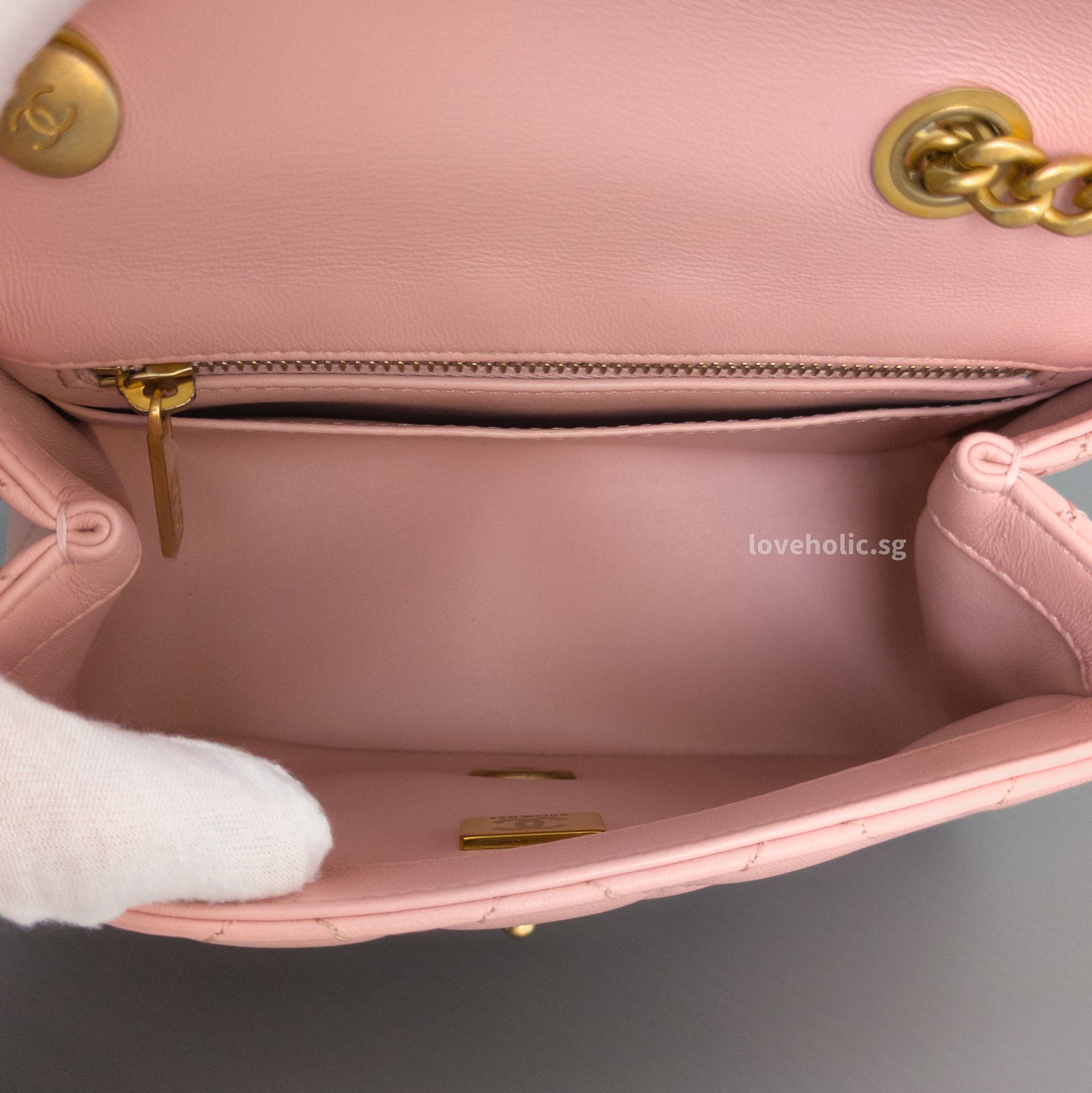 Chanel Camillia Crush Mini Square | 23P Light Pink  Calfskin Light Gold Hardware-details