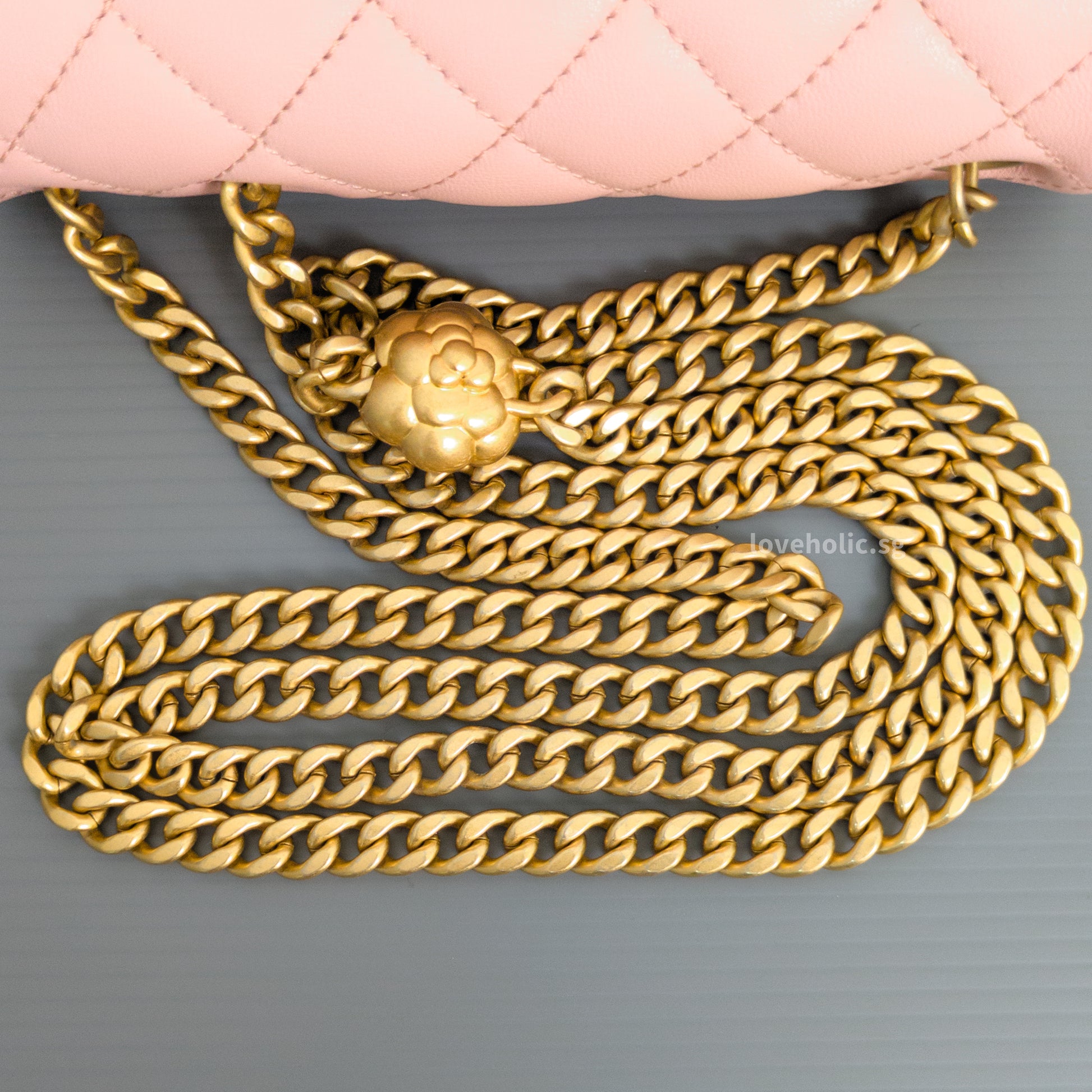 Chanel Camillia Crush Mini Square | 23P Light Pink  Calfskin Light Gold Hardware-details