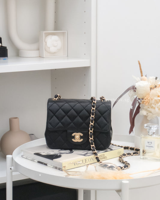 Chanel Classic Flap Mini Square | Black Lambskin Light Gold Hardware-front