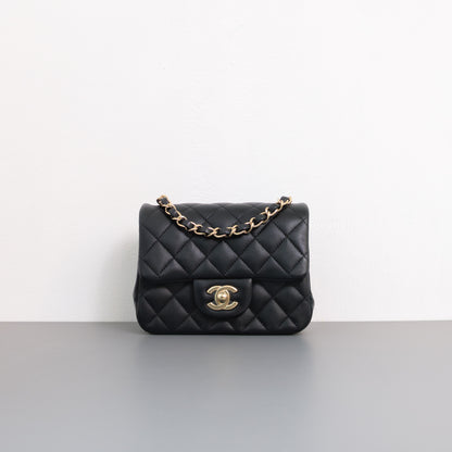 Chanel Classic Flap Mini Square | Black Lambskin Light Gold Hardware-front1