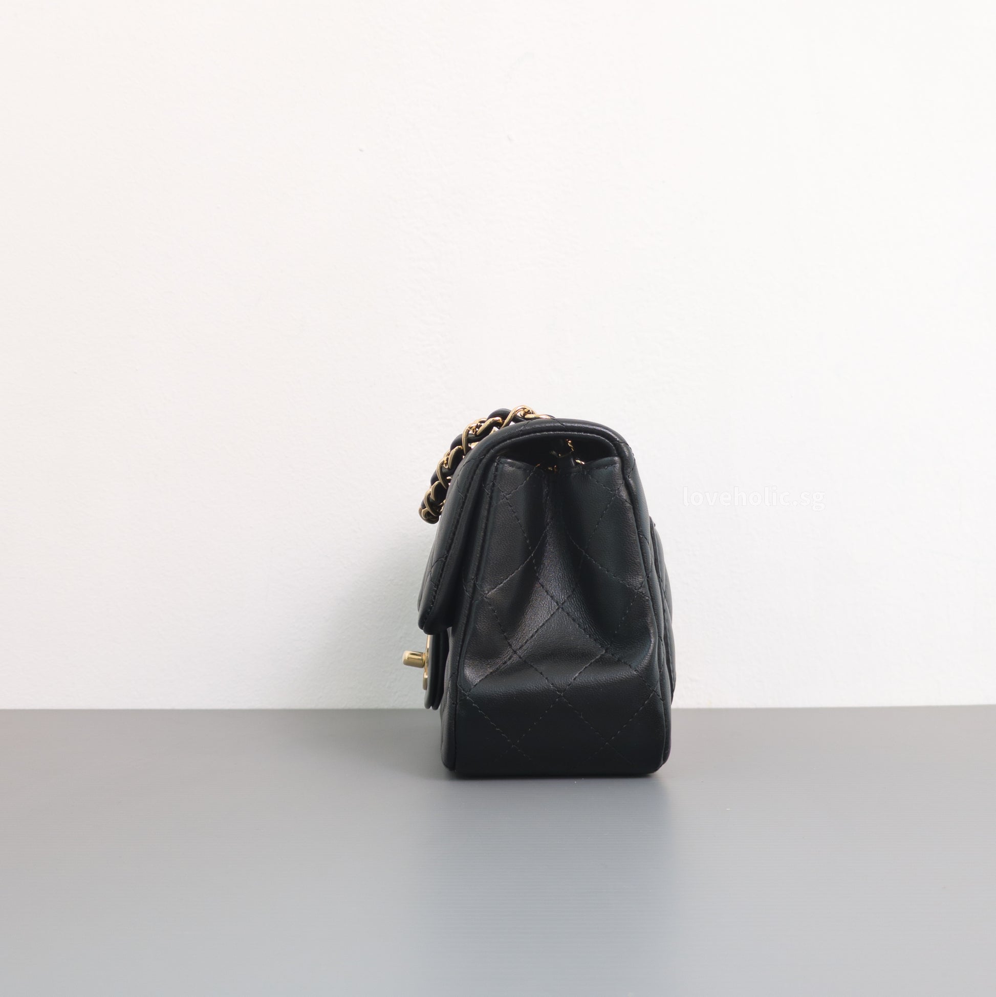 Chanel Classic Flap Mini Square | Black Lambskin Light Gold Hardware-side
