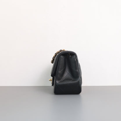 Chanel Classic Flap Mini Square | Black Lambskin Light Gold Hardware-side