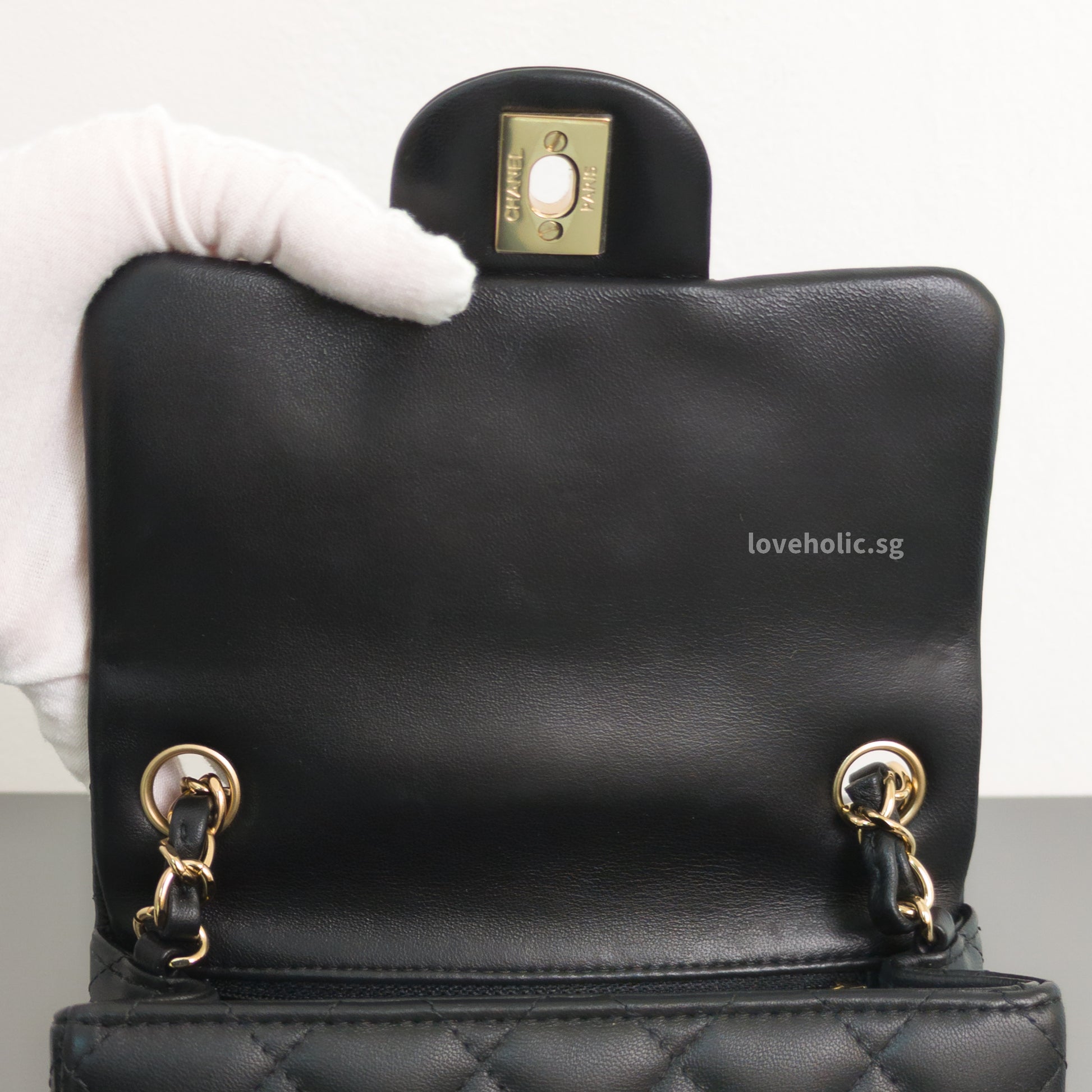 Chanel Classic Flap Mini Square | Black Lambskin Light Gold Hardware-details