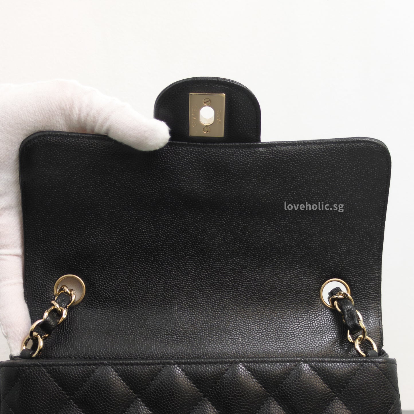 Chanel Mini Rectangle 17C Black Caviar Light Gold Hardware-details