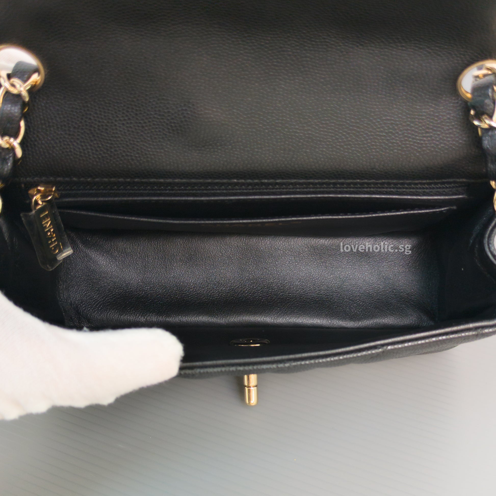 Chanel Mini Rectangle 17C Black Caviar Light Gold Hardware-details