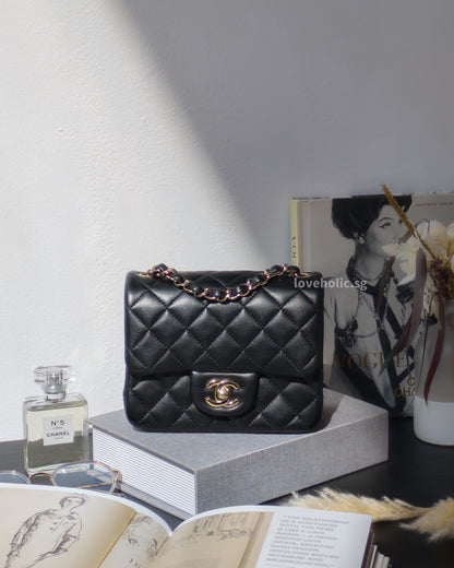 Chanel Classic Flap Mini Square  | Black  Lambskin Light Gold Hardware-front