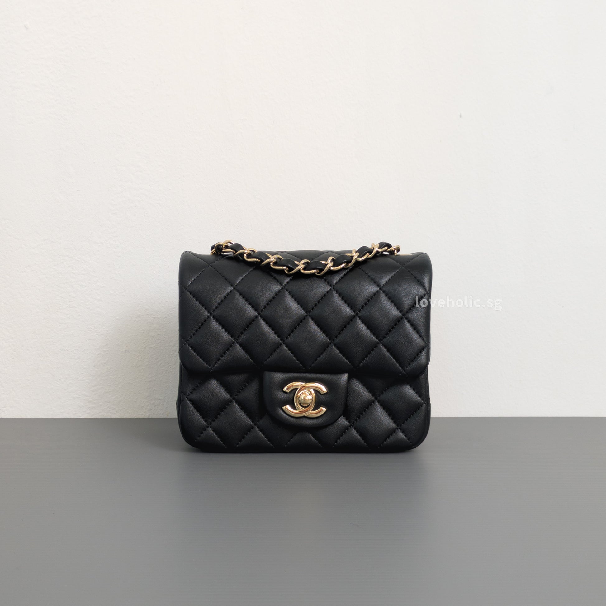 Chanel Classic Flap Mini Square  | Black  Lambskin Light Gold Hardware-front1