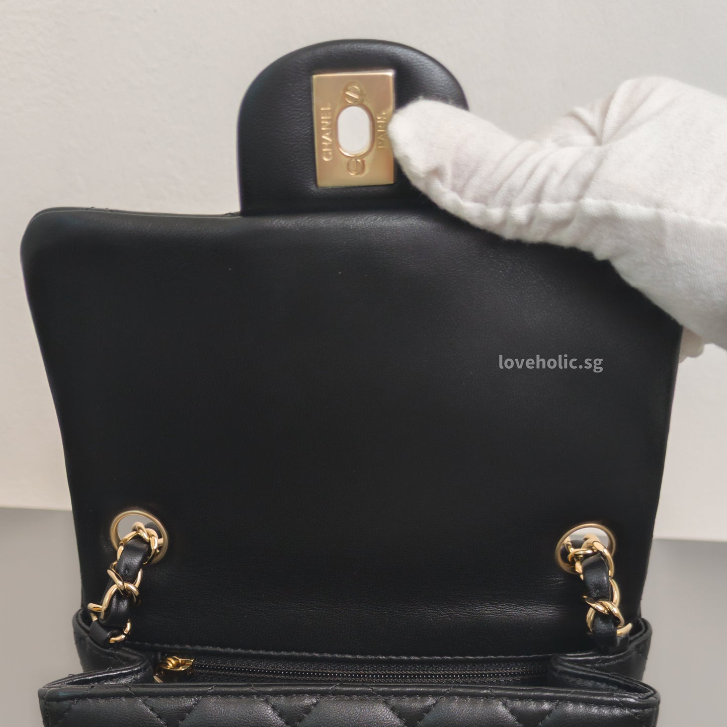 Chanel Classic Flap Mini Square  | Black  Lambskin Light Gold Hardware-details