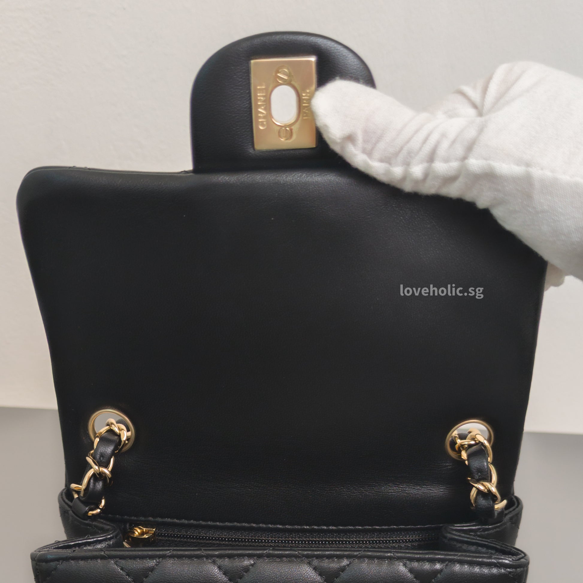 Chanel Classic Flap Mini Square  | Black  Lambskin Light Gold Hardware-details