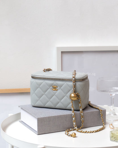 Pearl Crush Vanity Bag on Chain 23C Light Grey Lambskin Brushed Gold Hardware