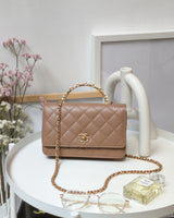 Chanel Top Handle Wallet On Chain 23B Dark Beige  Lambskin Gold Hardware-front