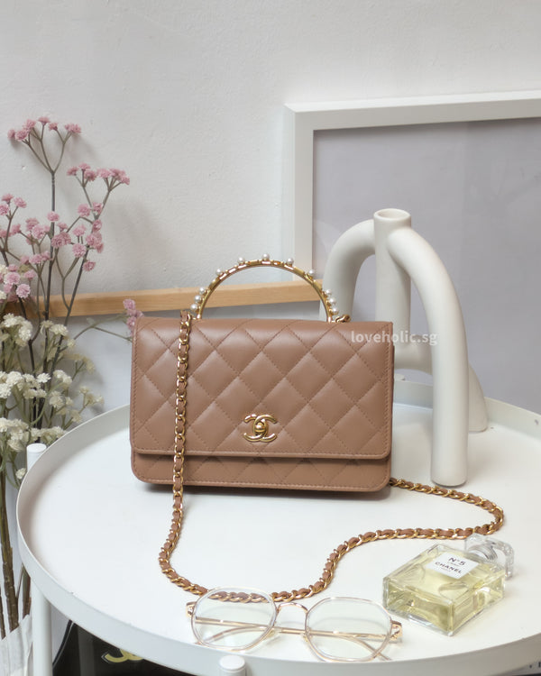 Chanel Top Handle Wallet On Chain 23B Dark Beige  Lambskin Gold Hardware-front