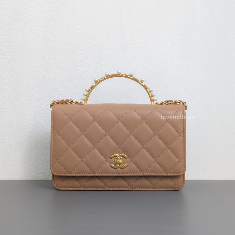 Chanel Top Handle Wallet On Chain 23B Dark Beige  Lambskin Gold Hardware-front1