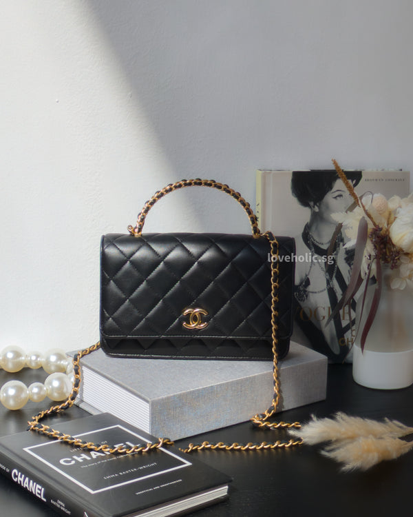 Chanel Top Handle Wallet On Chain 22K Black Lambskin Gold Hardware-front