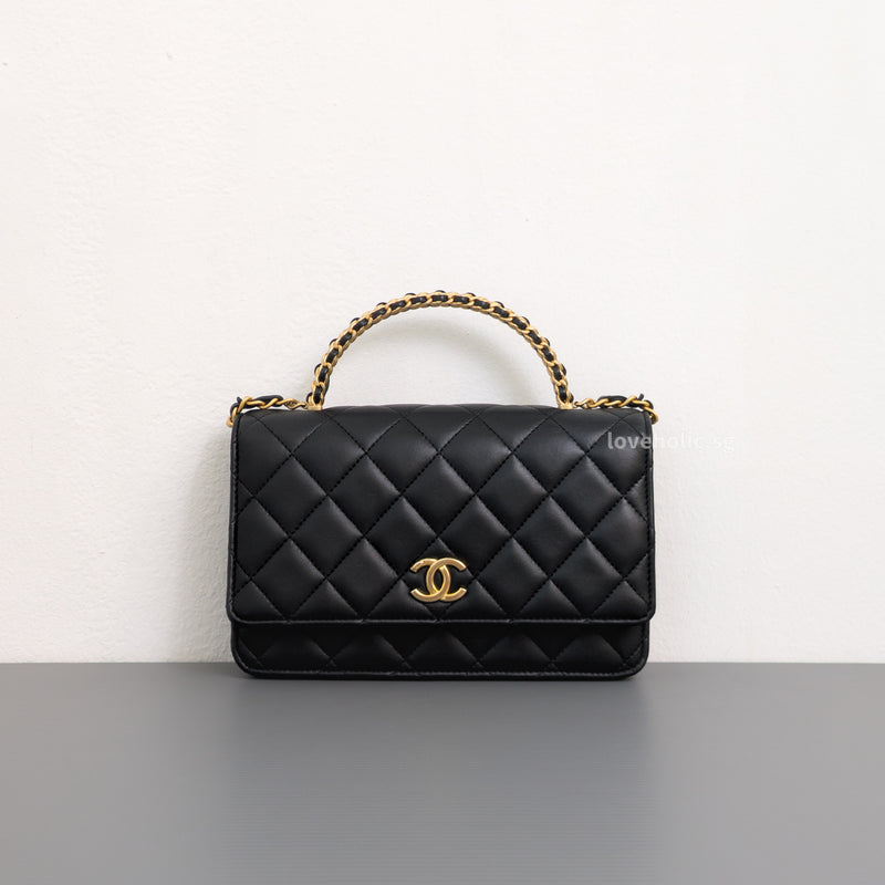Chanel Top Handle Wallet On Chain 22K Black Lambskin Gold Hardware-front1