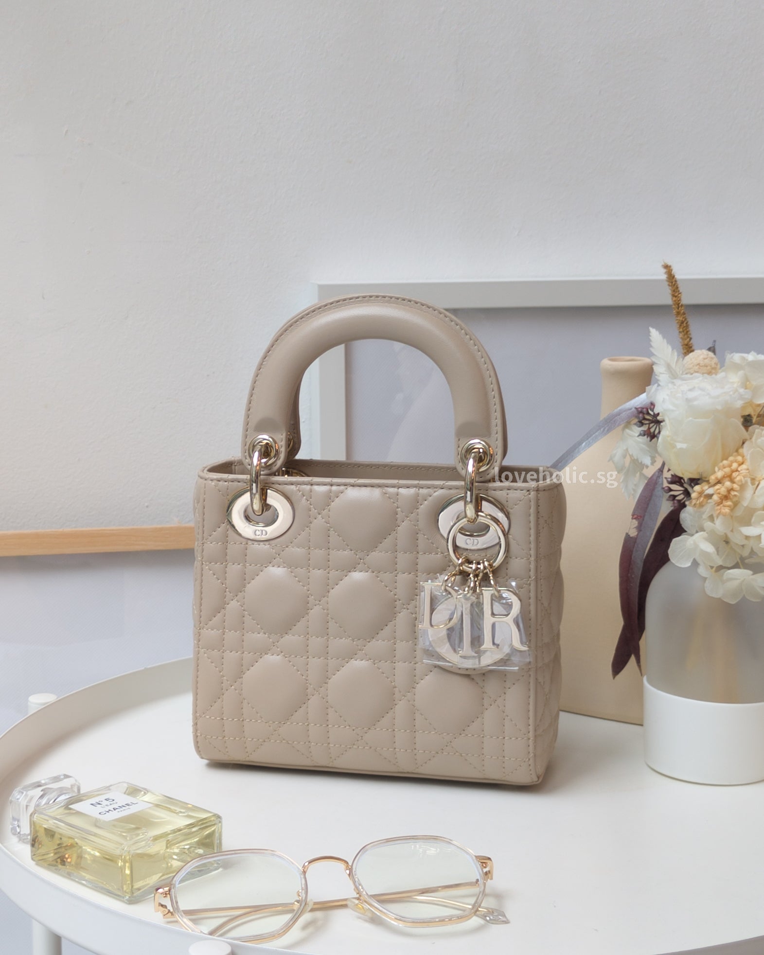 Dior Lady Dior Mini | Powder Beige Lambskin Light Gold Hardware-front
