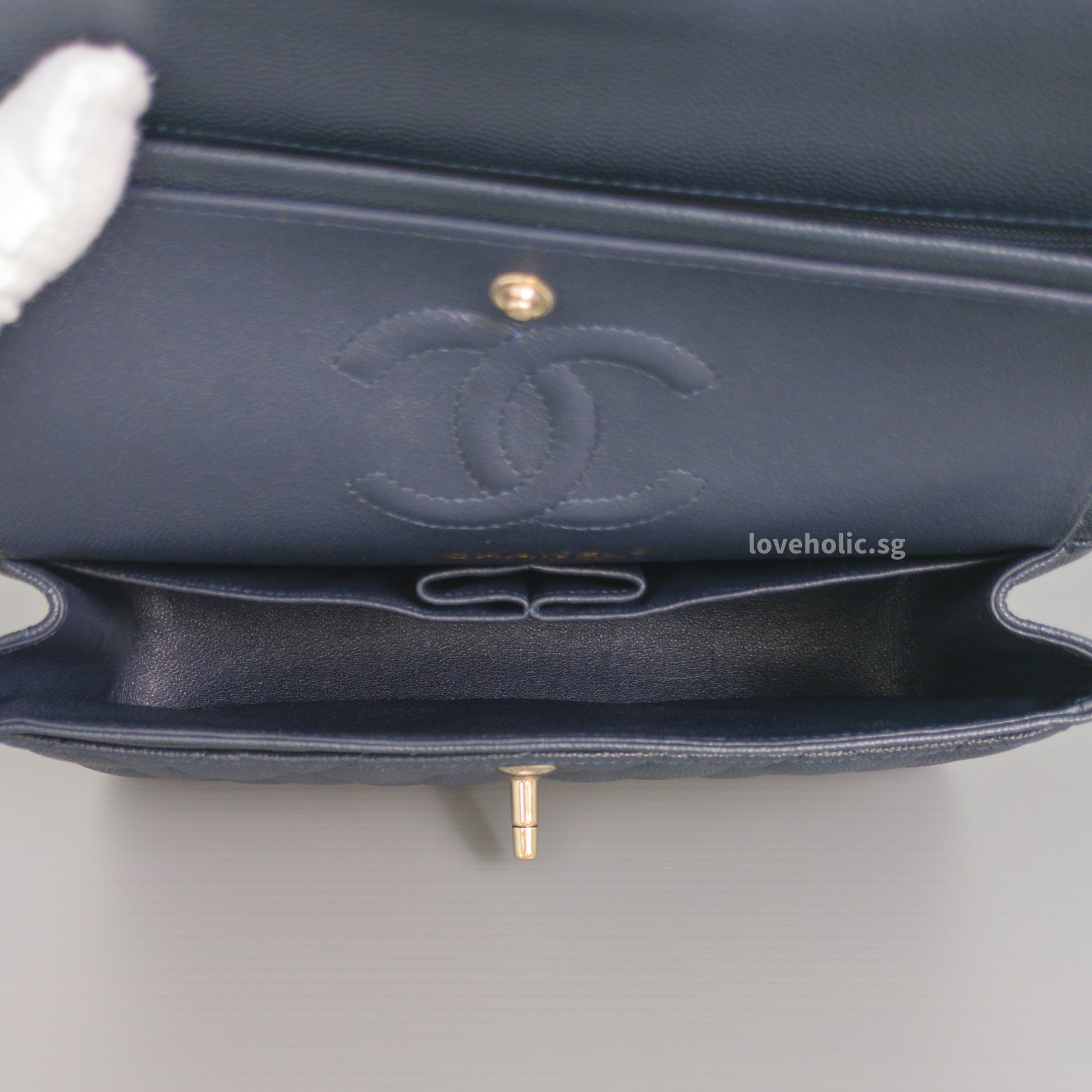 Chanel Classic Flap Small | 18B Midnight Blue Caviar Gold Hardware-details