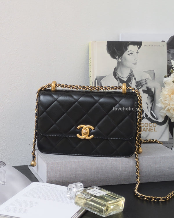 Chanel 24C Double Pearl Flap Bag Black Calfskin Brushed Gold Hardware-front