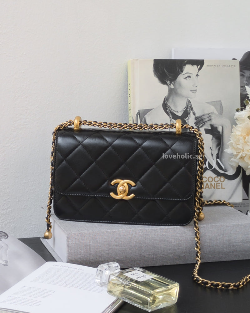 Chanel 24C Double Pearl Flap Bag Black Calfskin Brushed Gold Hardware-front