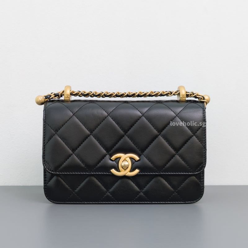 Chanel 24C Double Pearl Flap Bag Black Calfskin Brushed Gold Hardware-front1