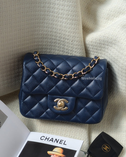 Chanel Classic Flap Mini Square | 17B Navy Blue  Caviar Light Gold Hardware-front