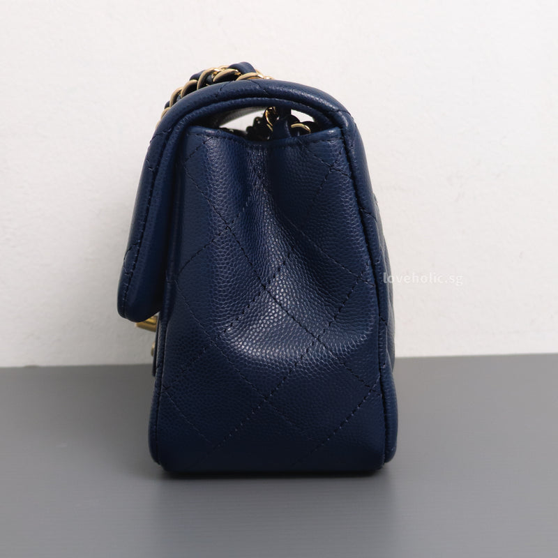 Chanel Classic Flap Mini Square | 17B Navy Blue  Caviar Light Gold Hardware-details