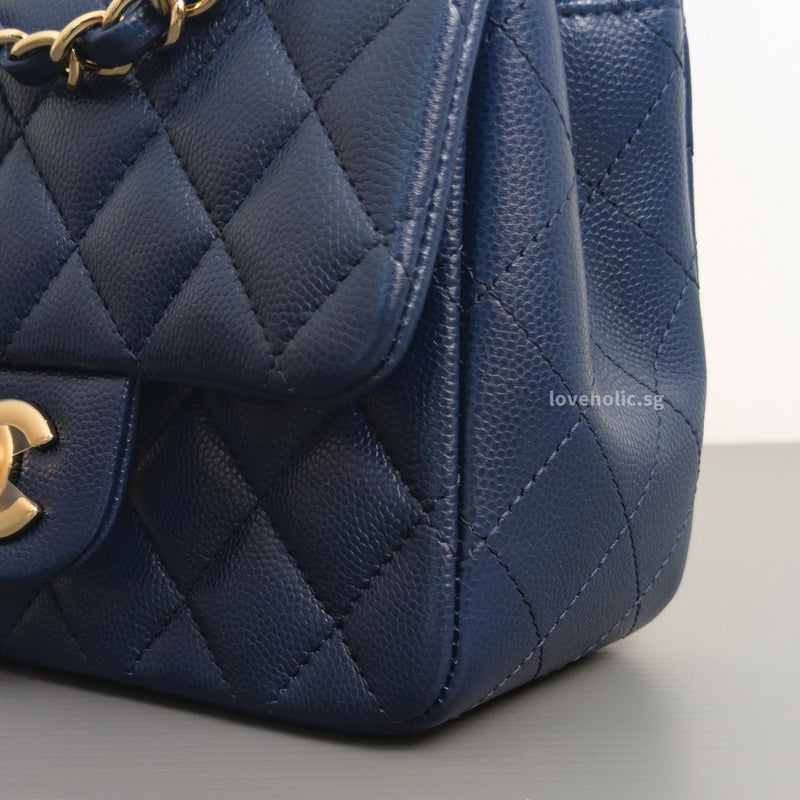 Chanel Classic Flap Mini Square | 17B Navy Blue  Caviar Light Gold Hardware-details