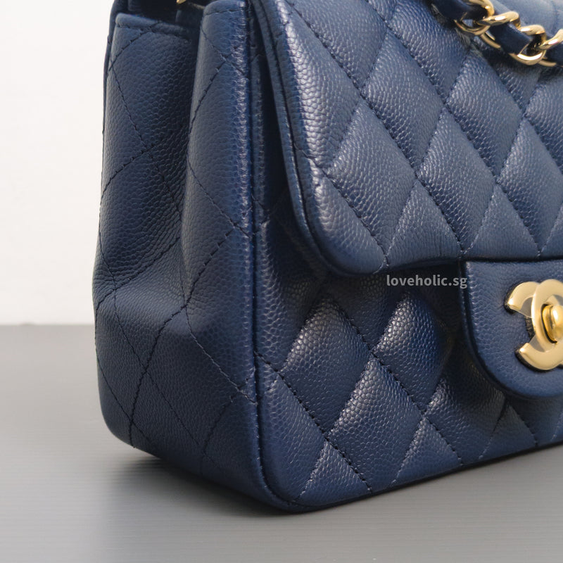 Chanel Classic Flap Mini Square | 17B Navy Blue  Caviar Light Gold Hardware-details
