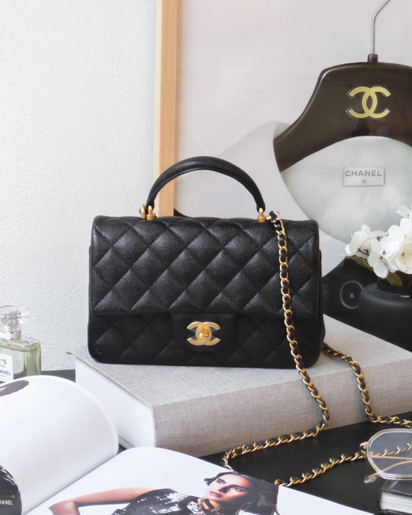 Chanel Mini Rectangle with Top Handle 21S Black Caviar Gold Hardware-front
