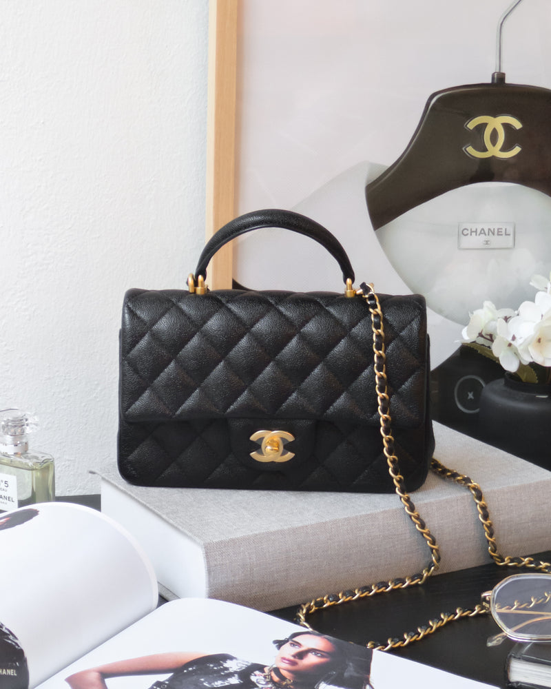 Chanel Mini Rectangle with Top Handle 21S Black Caviar Gold Hardware-front