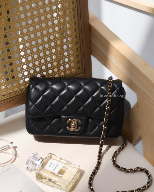 Chanel Mini Flap Bag 24K Black Lambskin Light Gold Hardware-front