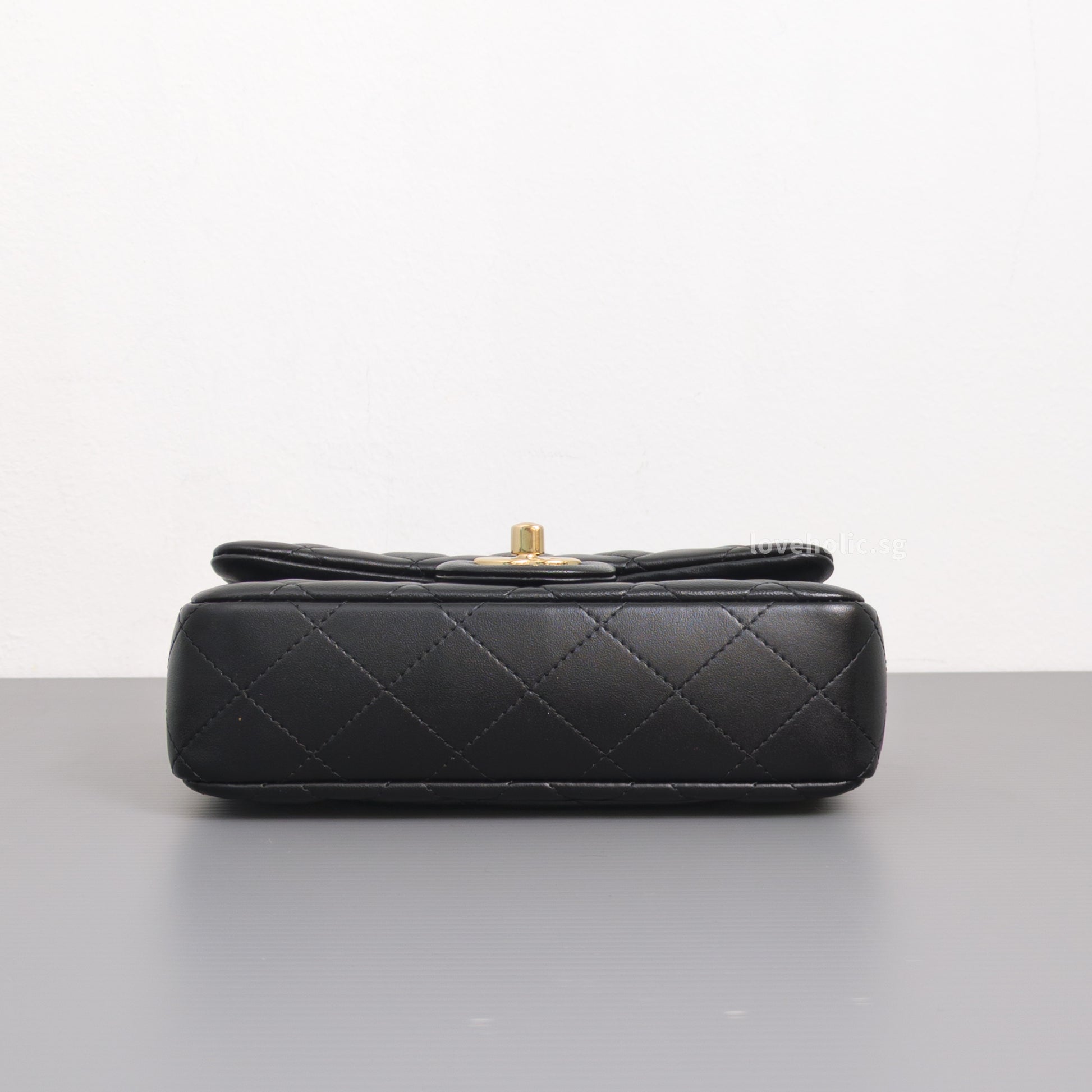 Chanel Mini Flap Bag 24K Black Lambskin Light Gold Hardware-details