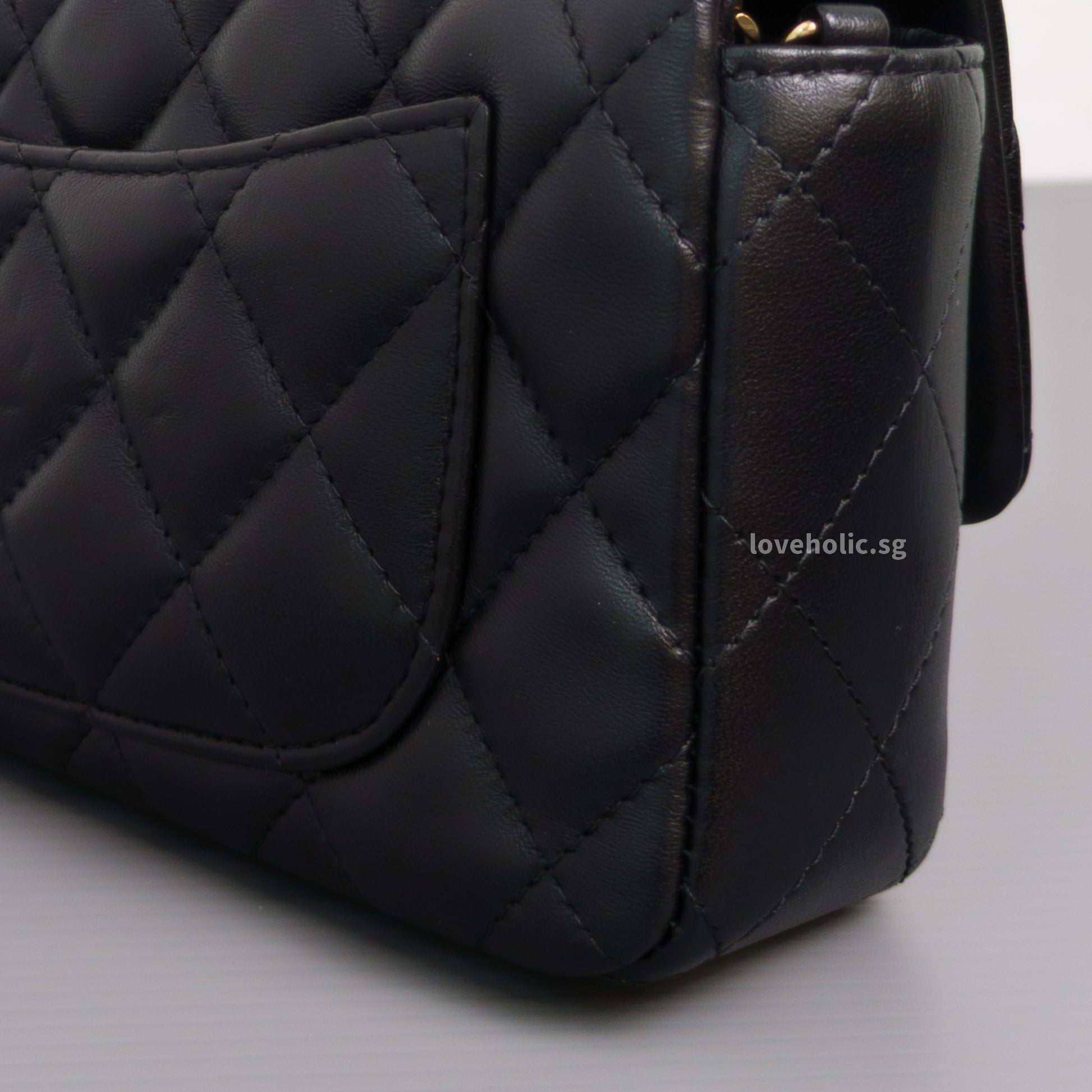 Chanel Mini Flap Bag 24K Black Lambskin Light Gold Hardware-details