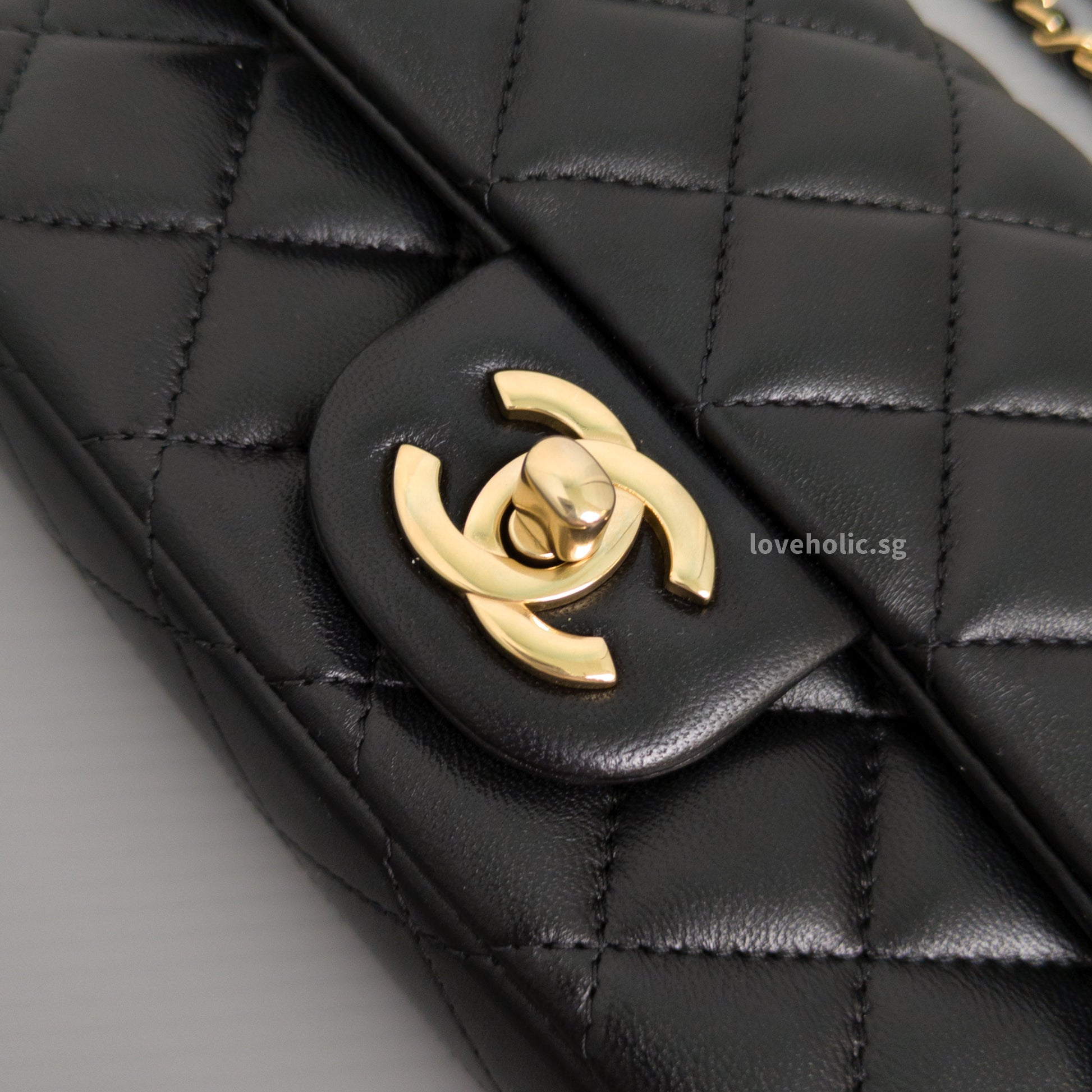 Chanel Mini Flap Bag 24K Black Lambskin Light Gold Hardware-details